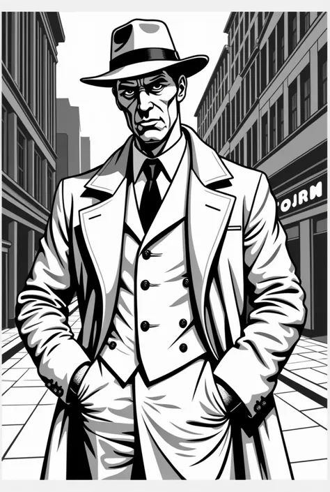 Line art style illustration of a 1940s Richard Burton-like Detective