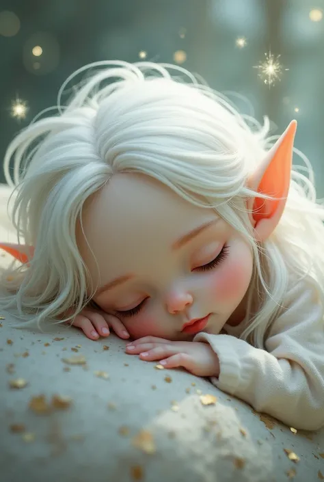 Baby face, sleeping elf ear and white hair 