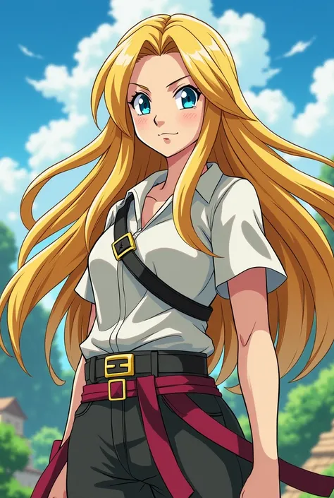  Dragon ball character with long blonde hair blue eyes female not too revealing and in dregonball cartoon style !