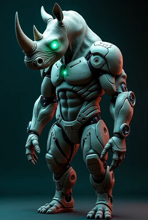 A hybrid cybernetic rhinoceros-human figure in perfect symbiosis with advanced technology. The creature has the head of a rhinoceros with rugged, natural skin, combined with a strong, muscular human body. The body seamlessly integrates with futuristic meta...