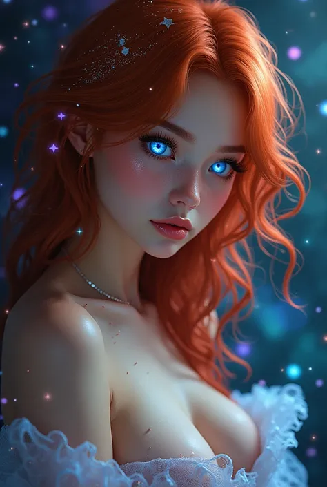 Let the whole body of an improved masterpiece be seen:1.5)0.9],  (Messy redhead hair:1.1) (heterochromia:  xanthochromia and blue eyes :1.2) (with a half-naked body 1.0) ( Colored stars in the eyes:1.0) (A radiant glow:1.1) ( Thick lips:0.9)