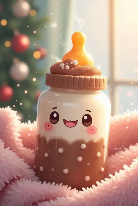 Un biberon kawaii  remplie de chocolat chaud  