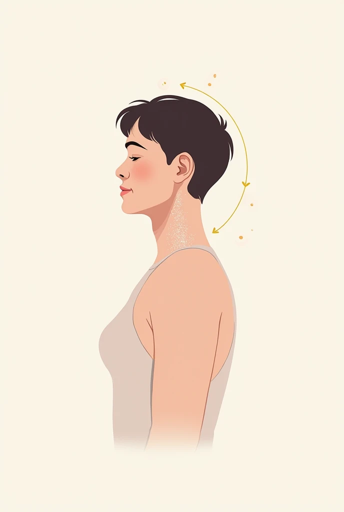 Illustration of a person performing neck exercises, such as smooth side-to-side head tilts or circular movements. The exercise should look relaxing, without unnecessary tension.