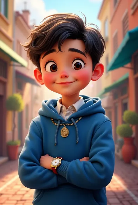 Pixar-style poster of a boy wearing a blue sweatshirt and white shirt with a watch in his hand and a chain around his neck 