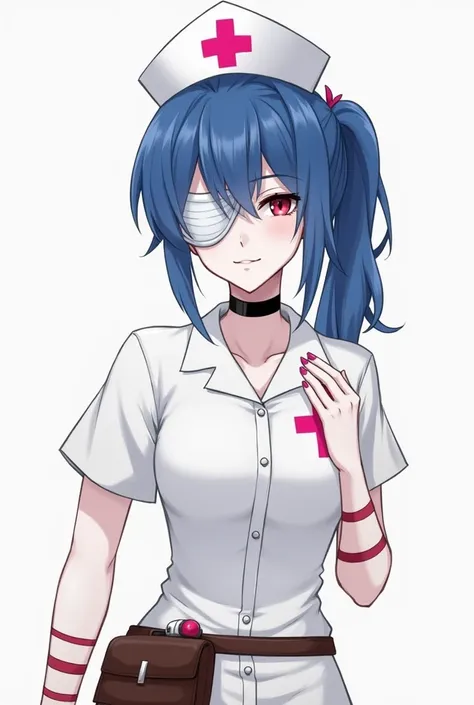  blood-red eyes with cross-shaped pupils ,  blue hair with several large bangs that cover her forehead and right eye tied in a pointed ponytail , In addition to white skin .  He wears a bandaged patch over his right eye .  It also has a thin, vertical scar...