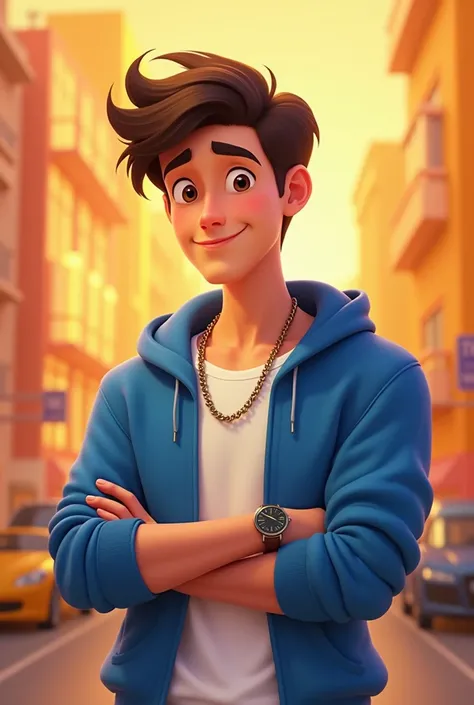 Pixar-style poster of a 20-year-old boy wearing a blue sweatshirt and white shirt with a watch in his hand and a chain around his neck 