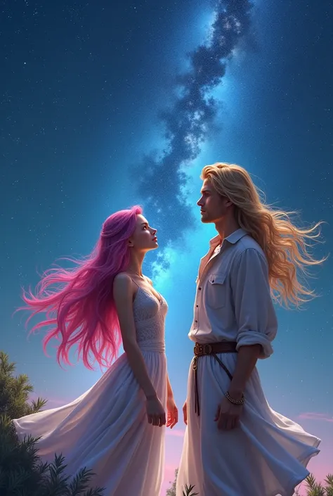 Young  with pink hair in a dress looking up at the galazy at night with a blonde man with long hair. Mythical look