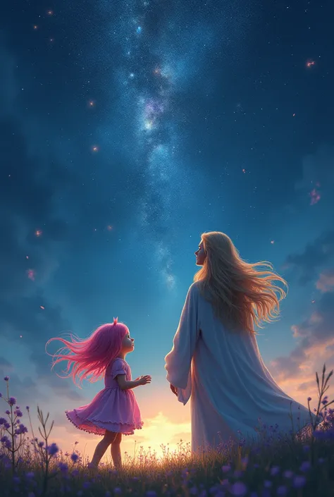 Toddler with pink hair in a dress looking up at the galazy at night with a blonde man with long hair. Mythical look