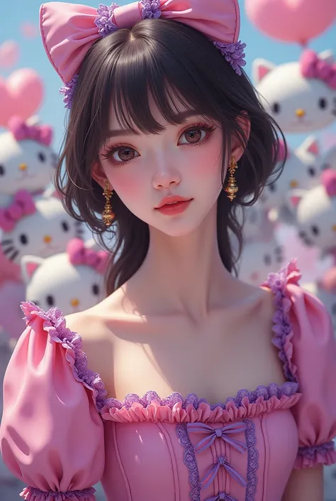  Brown dark brown eyes dark brown hair and bangs with a dress full of pink ruffles with purple details puffy sleeves with a backdrop full of Hello Kitty and several cats 