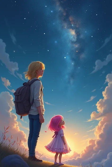 Toddler with pink hair in a dress looking up at the galazy at night with a blonde man with shoulder length hair.