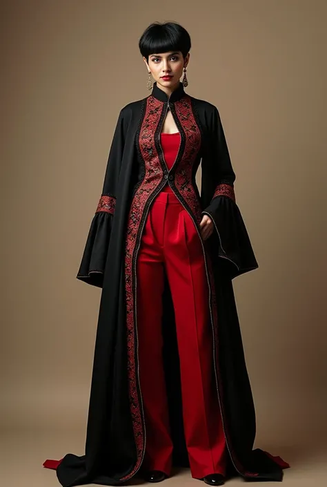 Full body photography , A woman with a black pixie hairstyle and natural make-up is wearing an avant-garde pant suit inspired by the Iranian Yalda night ceremony and the symbol of the pomegranate in Iran, the color of the dress is red and black , --ar 9:16...