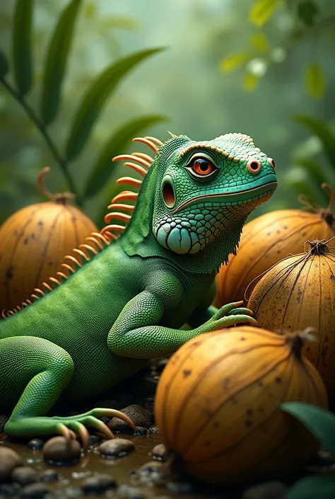 An iguana in some coconuts mounted
