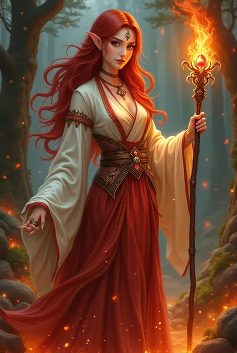 Create a D&D wu jen fire sorceress; With a full body where you can see her feet , , a thin, white-skinned woman with long deep red hair,  Asian features, her eyes are also deep red ,   His ears are pointed ,  characteristic of elves .  She wears an elegant...