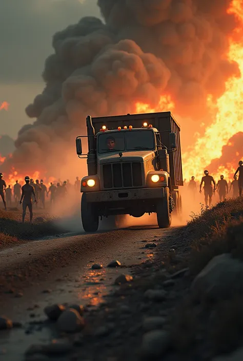 Truck on the road with zombies and flames around 