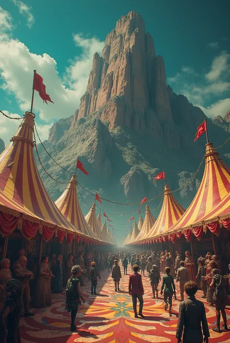 Circus with a psychedelic mountain in the background, circus, terror


