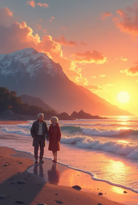 Beach at sunset ,  mountains and an elderly couple