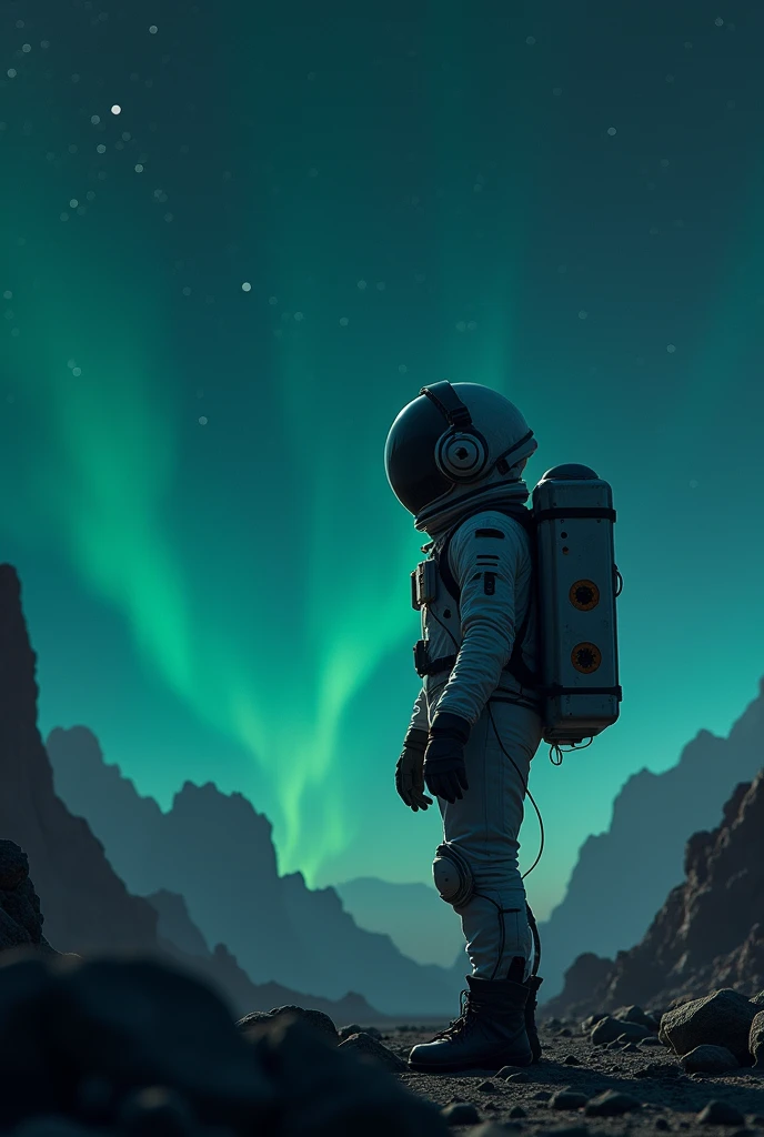  an astronaut exploring a planet , But in his helmet he has large headphones for listening to music, Its nighttime and you can see the stars ,  whose colors are dark blue-green , Morad 