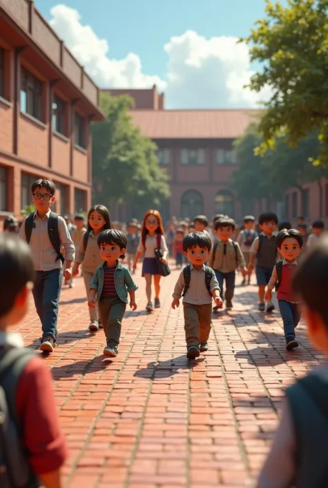 A bricks image of a school yard with pupils and teachers walking along it