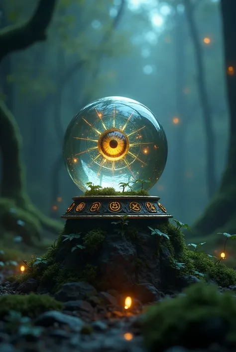 (3D photorealistic rendering).A close-up cinematic shot of a mystical, ancient amulet resembling a giant, glowing eyeball encased in a glass dome. The amulet sits on an intricately carved pedestal with vines and magical symbols surrounding it. The camera s...