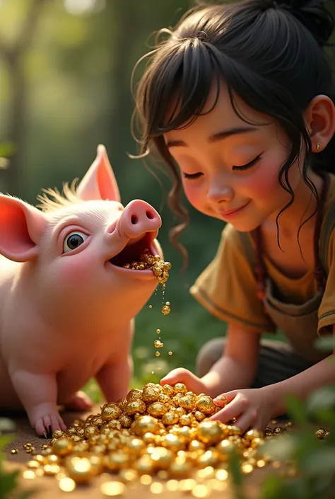 Person feeding gold to a pig and the pig drooling in gold