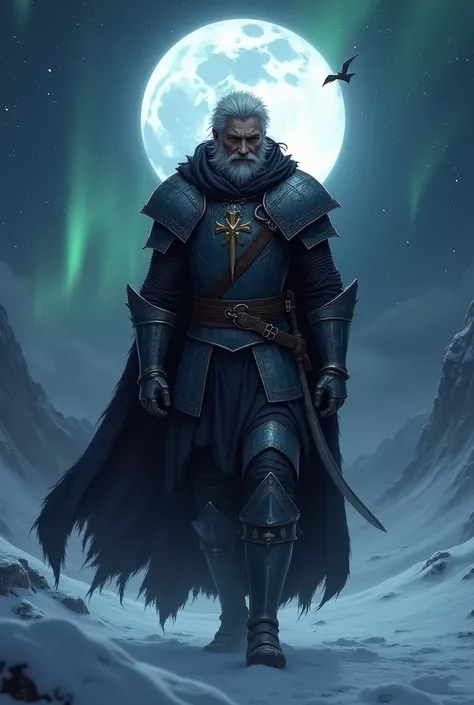 score_9, score_8_up, score_7_up, (1 man), tall, 20 years old, evil smile, gray eyes, white hair, templar armor, strong, walking, in the snow, night, full moon, stars, boleal aurora, dark, best quality ,best quality,stars,universe,