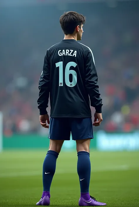 A footballer/  defense before the game : Age:  25 years height 1 ,81 m ,  athletic build,  lightly combed dark brown short hair,  blue eyes .  uniform :  black jacket with light blue highlights,  navy blue shorts , Dorsal 16 , name  "garza" navy blue tight...