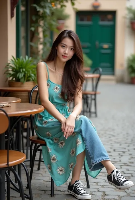 A photo of a korean woman, green eyes, wearing jeans and a aqua flower dress, sitting in a cafe in France. She is wearing shiny All Star sneakers. The cafe has a rustic charm with wooden furniture and a brick wall. There are potted plants and a basket near...