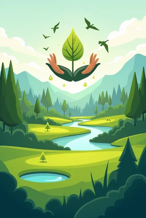 I want a cover background ,  for a sustainability report on a golf course .  there must be nature and birds ,  and a symbol of a hand that has something to do with environmental sustainability. 