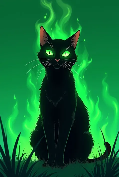  Make a black cat with the background 100% Green 2D anime version without grass with green flames around the eyes