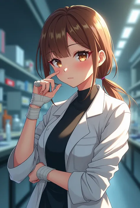 A 20 year old woman, brown hair with blond highlights with brown eyes , She has a bandaged hand and works as a scientist,  All this anime style 