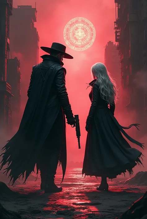 Two characters 
1. **Main characters（Personagens Principais）**:
   - "half-vampire hero"
   - "vampire hunter with a wide-brimmed hat"
   - "sharp-eared protagonist"

2. **Settings（ scene settings ）**:
   - "post-apocalyptic cityscape"
   - "dystopian wast...