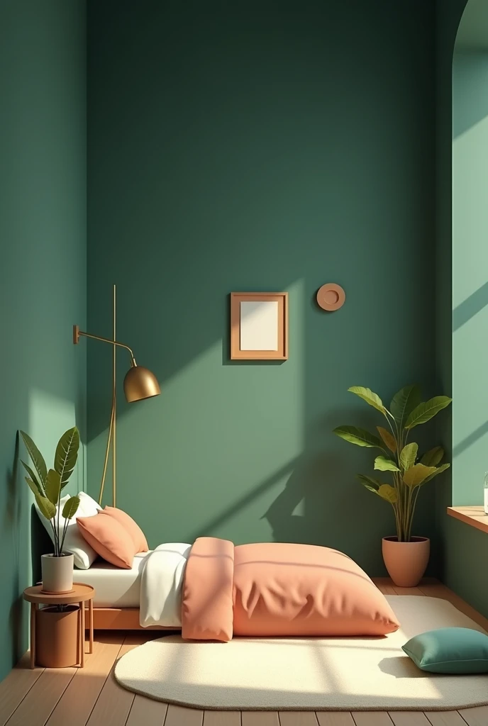  A realistic cartoon style room , with smooth walls in shades of dark green ,  with only a few minimalist decorations in the corners of the walls.  The environment is softly illuminated ,  creating a cozy and harmonious look ."