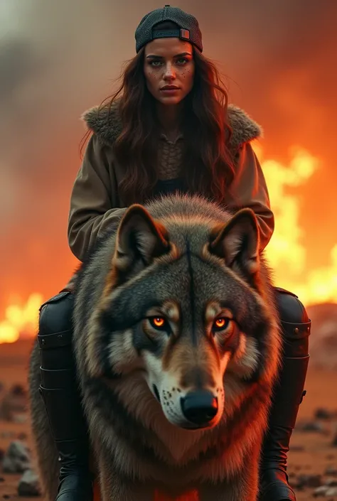 Une femme assise sur un Fenrir majestueux qui a les yeux rouges reflétant les flammes sur une plaine en feu, elle est brune , les yeux vert, elle à des tâches de rousseur et une casquette à lenvers. Elle regarde dans ma direction avec un clin dœil et un so...