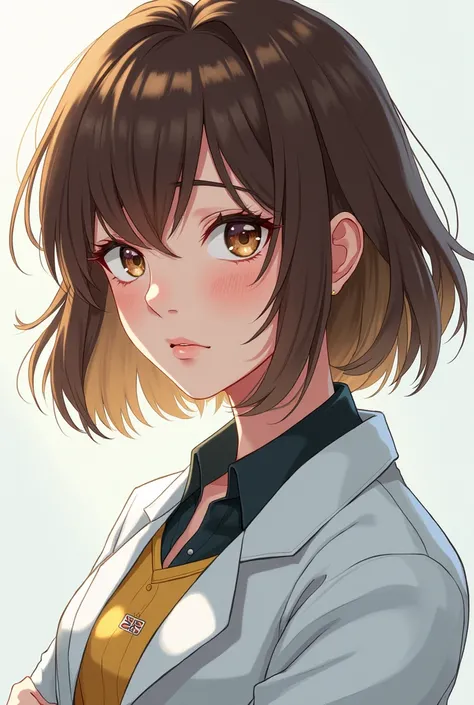  A 20-year-old woman with brown hair with blond highlights and brown eyes, Scientist and Shes Blind in One Eye anime style