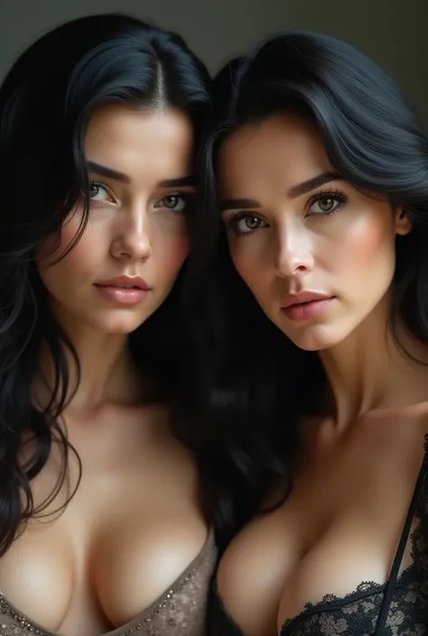 ultra realistic, masterpiece, high detailed skin, perfect eyes, perfect detail, highres, ultra detailed, intricate details, tone mapping, sharp focus, hyper-detailed, , 
Make a picture realistic looking, ultra detailed of two woman, both are looking at us,...