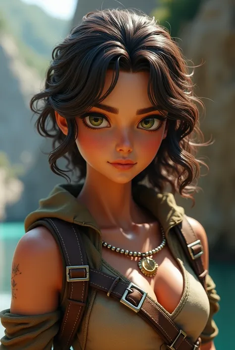 The head and bust of a brunette explorer with curly hair and green brown eyes in a video game 