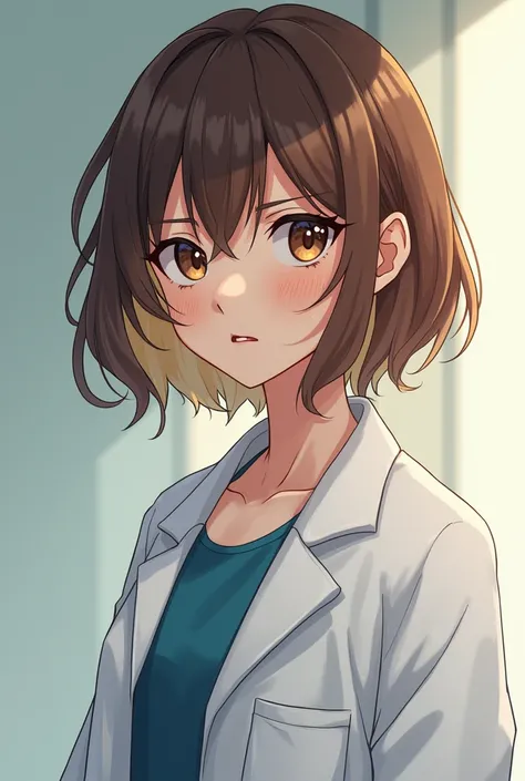  A 20-year-old woman with brown hair with blond highlights and brown eyes, Scientist and Shes Blind in One Eye anime style