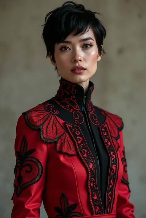 Full body photography , A woman black pixie haircut a is wearing an avant-garde suits inspired by the Iranian Yalda night ceremony  , the symbol of the pomegranate in Iran, the color of the dress is red and black , --ar 9:16 