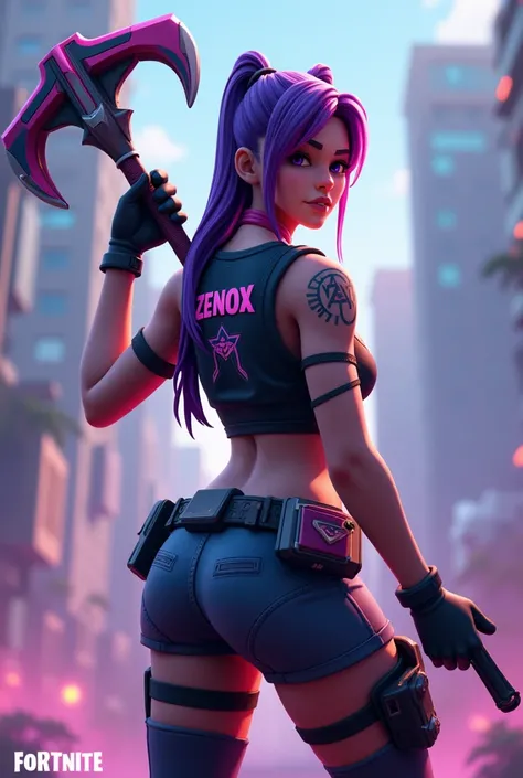 take a picture of a fortnite haze skin who has an FNCS pickaxe in his hand and Zenox is written on his back so that the inscription looks good 