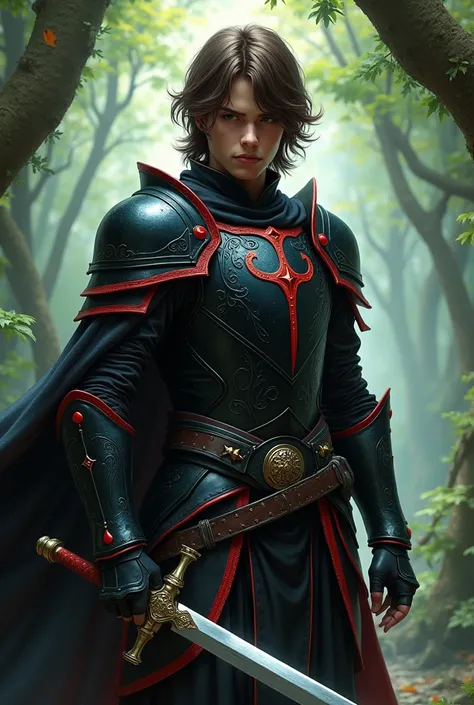 young man with brown hair past his shoulder in black armor with red details, with a sword defending himself in a magical forest