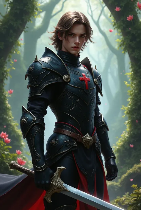 young man with brown hair past his shoulder in black armor with red details, with a sword defending himself in a magical forest