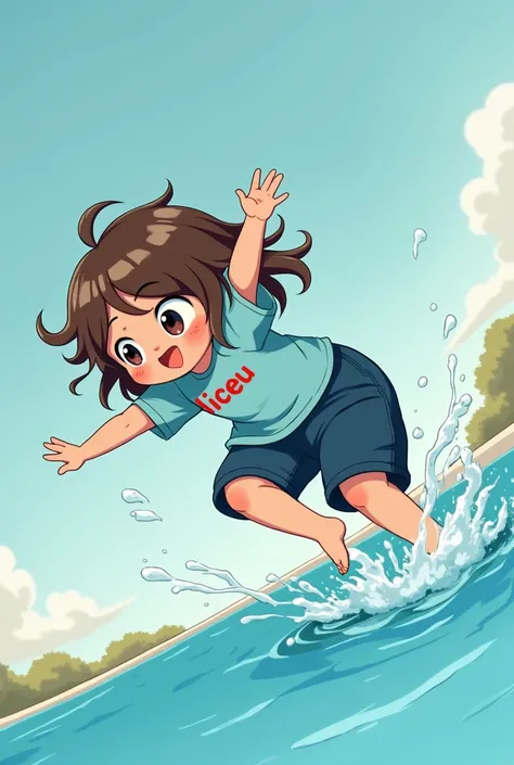  drawing of a little white girl , with wavy brown hair, In light blue t-shirt written LICEU in red letters, In huge dark blue shorts ,  falling into a pool of water 