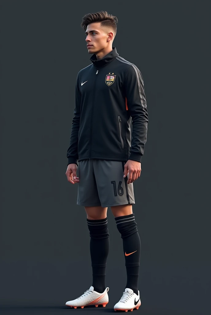 A footballer/  defense before the game : Age:  25 years height 1 ,81 m ,  athletic build,  lightly combed dark brown short hair,  blue eyes .  uniform :  black jacket with highlights in gray , shorts grises, Dorsal 16 in gray ,  black tights with black hig...