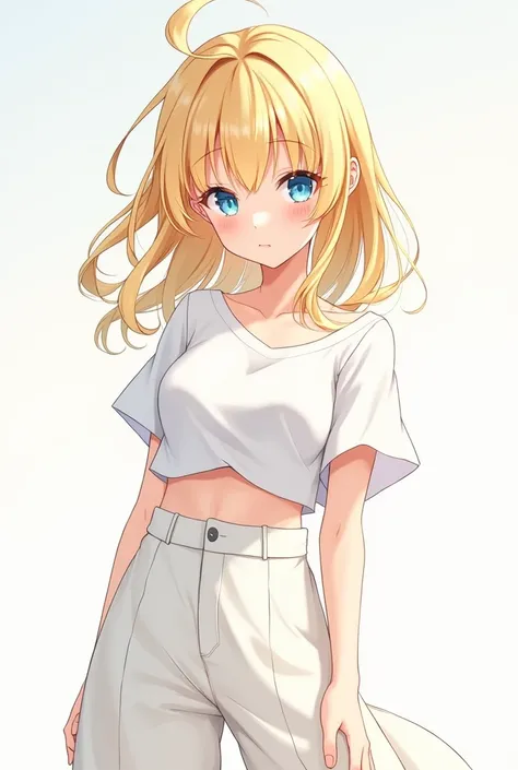 In the anime style, I created a girl with shiny golden hair and bright blue eyes wearing a short white shirt and wide white pants