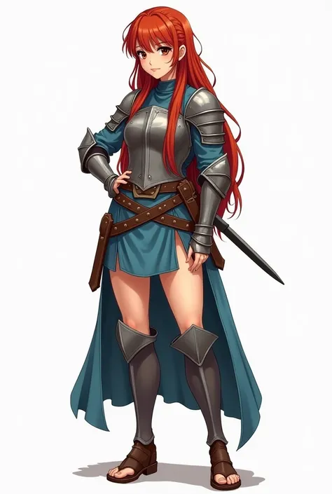 One medieval fantasy girl in an anime style against a blank white background. Show her full body. She is a warrior. She has long kinky red hair. She wears a sea-blue tunic, pauldrons and breastplate, greaves and a fauld. Her thighs are bare. She wears sand...