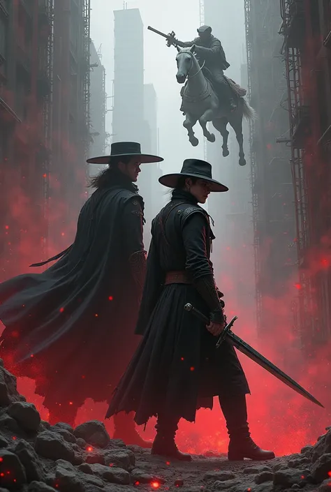 Two characters 
1. **Main characters（Personagens Principais）**:
   - "half-vampire hero"
   - "vampire hunter with a wide-brimmed hat"
   - "sharp-eared protagonist"

2. **Settings（ scene settings ）**:
   - "post-apocalyptic cityscape"
   - "dystopian wast...