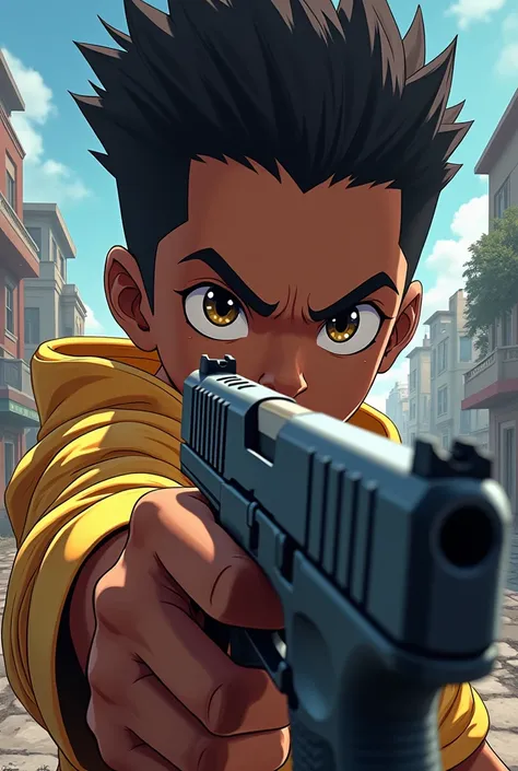 AM ANIME PICTURE OF A BLACK BOY  holding a glock 19 