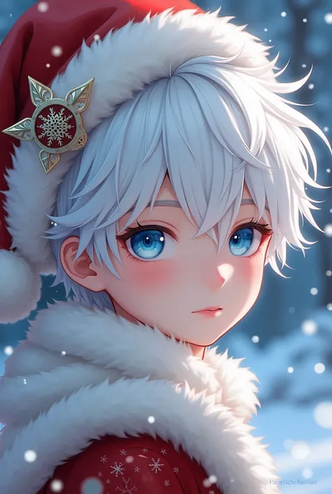 Handsome boy with white hair and blue eyes wearing anime Christmas hat