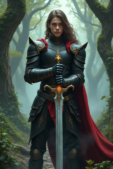 young man with brown hair past his shoulder in black and red armor holding a sword with both in a magical forest