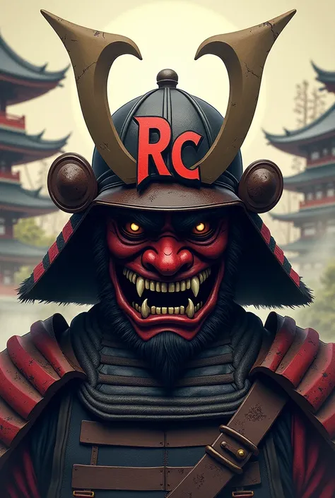 Create art with a half-faced Oni Japanese Samurai Mask with the letters RC